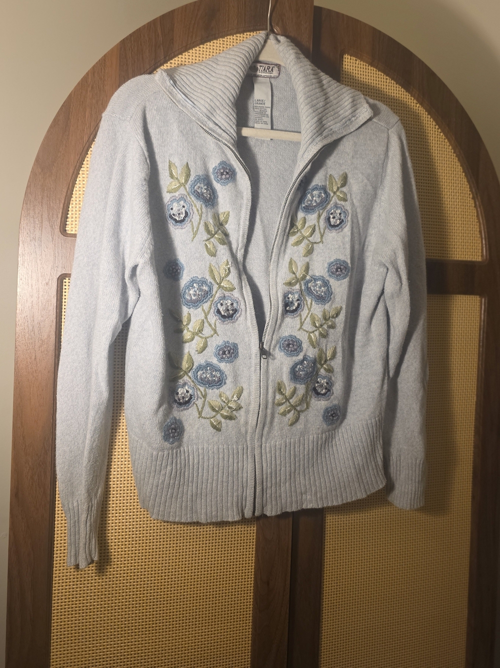 Gray Floral Embroidered Zip Front Cardigan